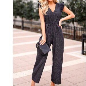 Storia Women's Working 9 to 5 Pinstripe Jumpsuit Black White Sz L Railroad